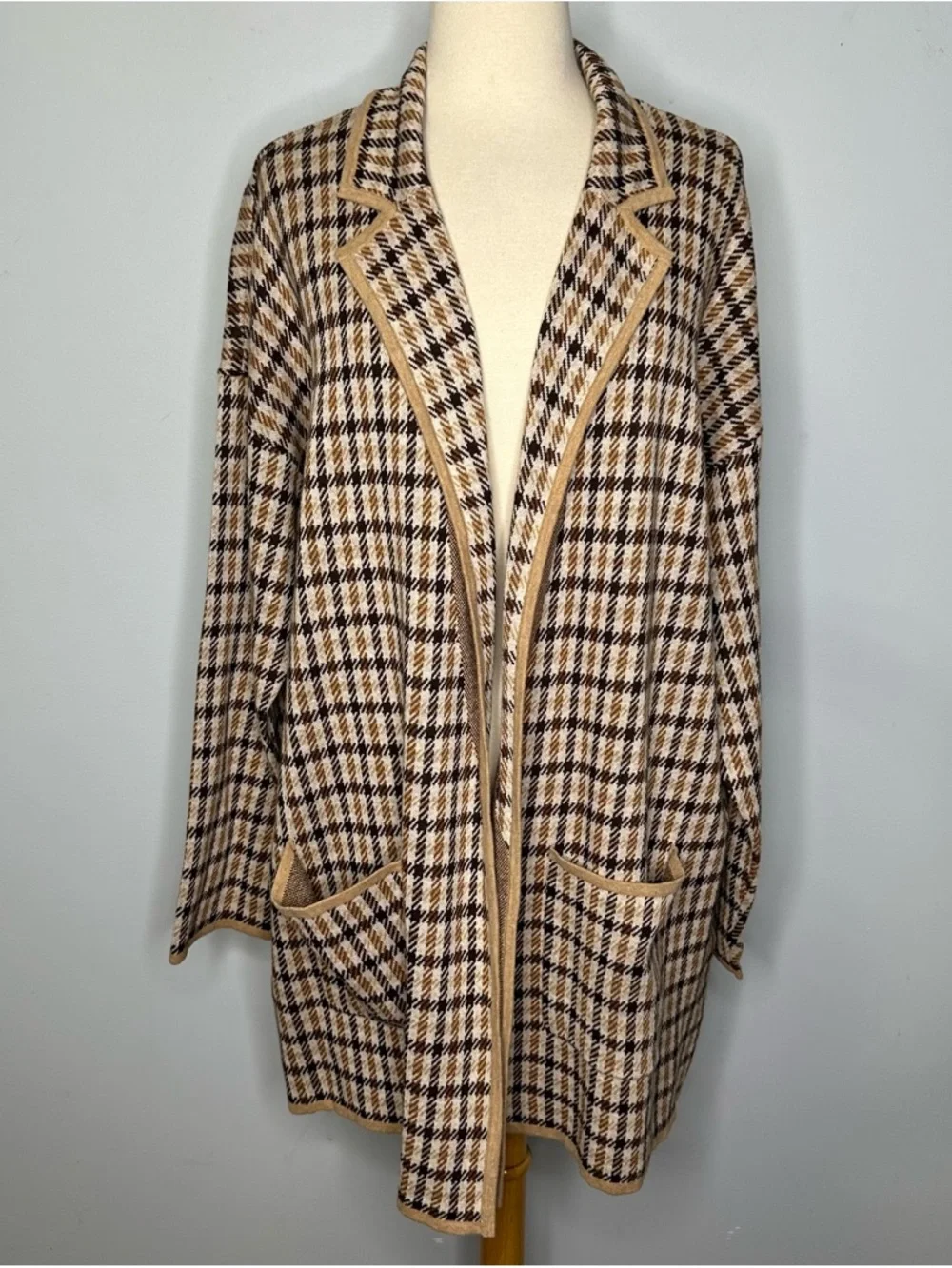 Loft Ann Taylor Brown Plaid 100% Cotton Open Front Lightweight Cardigan Sweater - Picture 2 of 14